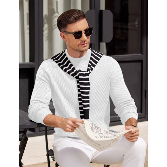 Coofandy Men White Mock Turtleneck Knitted Half Neck Pullover Sweaters - Picture 6 of 6